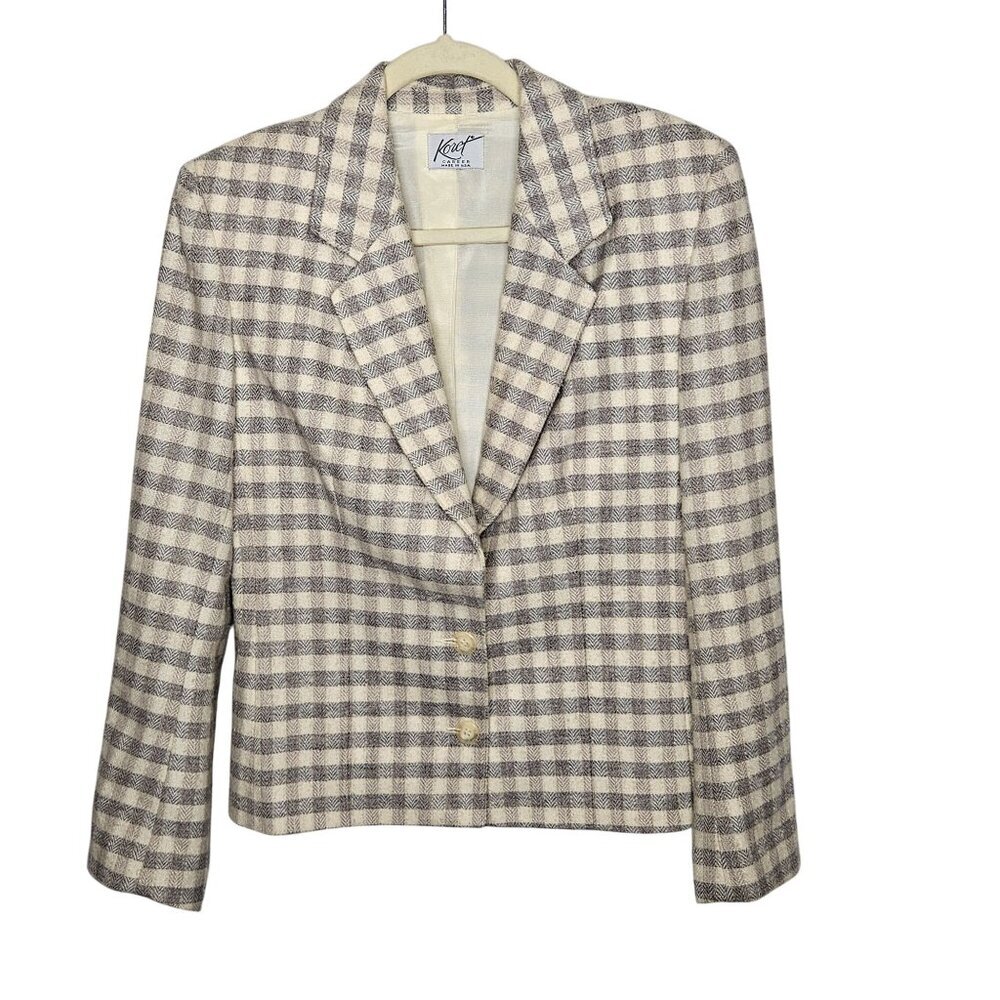 Vintage Koret Career Womens Wool Blend Plaid Blazer Checked Grey Cream Union 70s